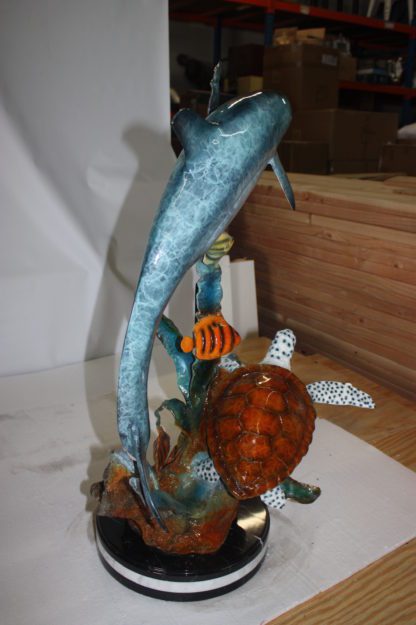 Dolphin with two fish and one turtle Statue -  Size: 22"L x 12"W x 32"H.