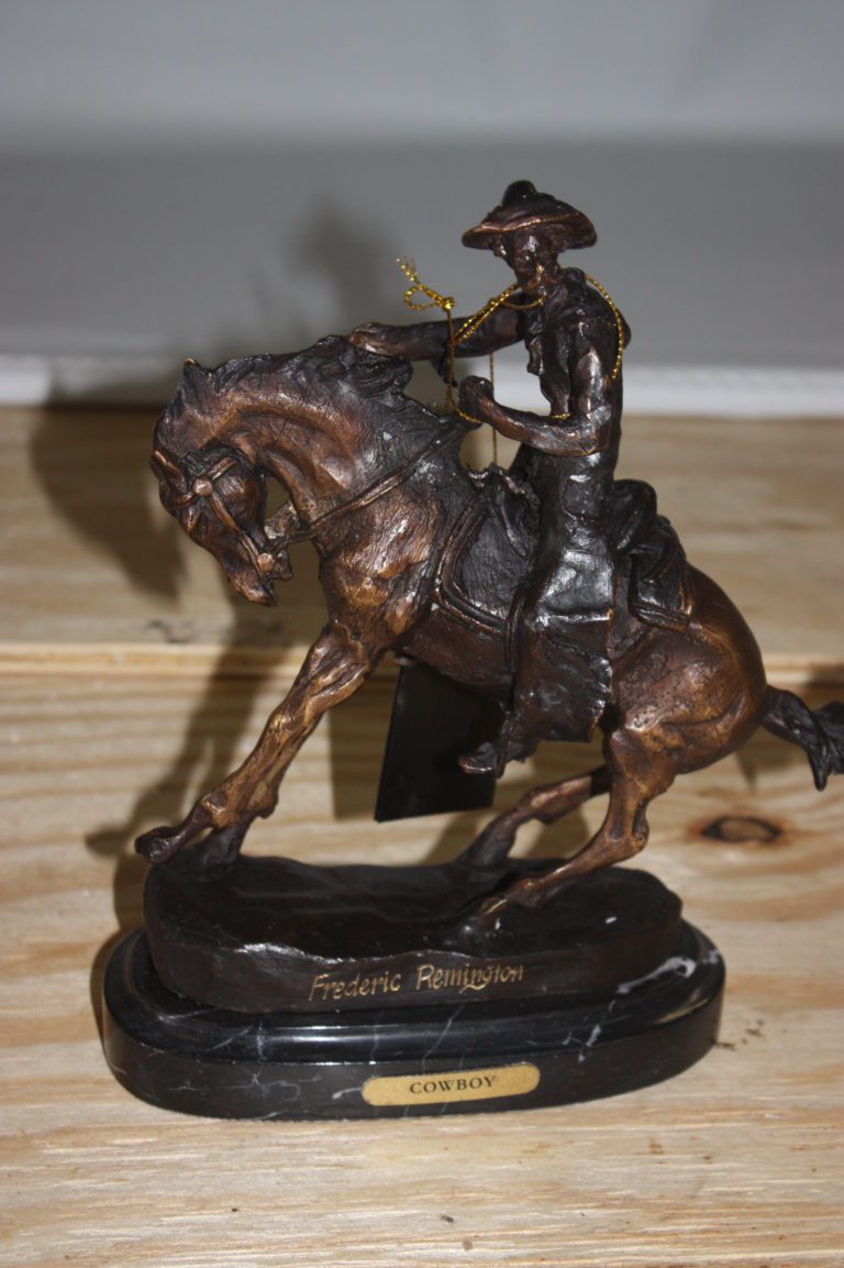 Remington Cowboy On Marble Bronze Statue