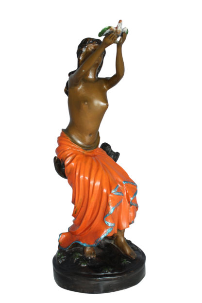 Lady Holds a Bird Up Bronze Statue -  Size: 7"L x 7"W x 20"H.
