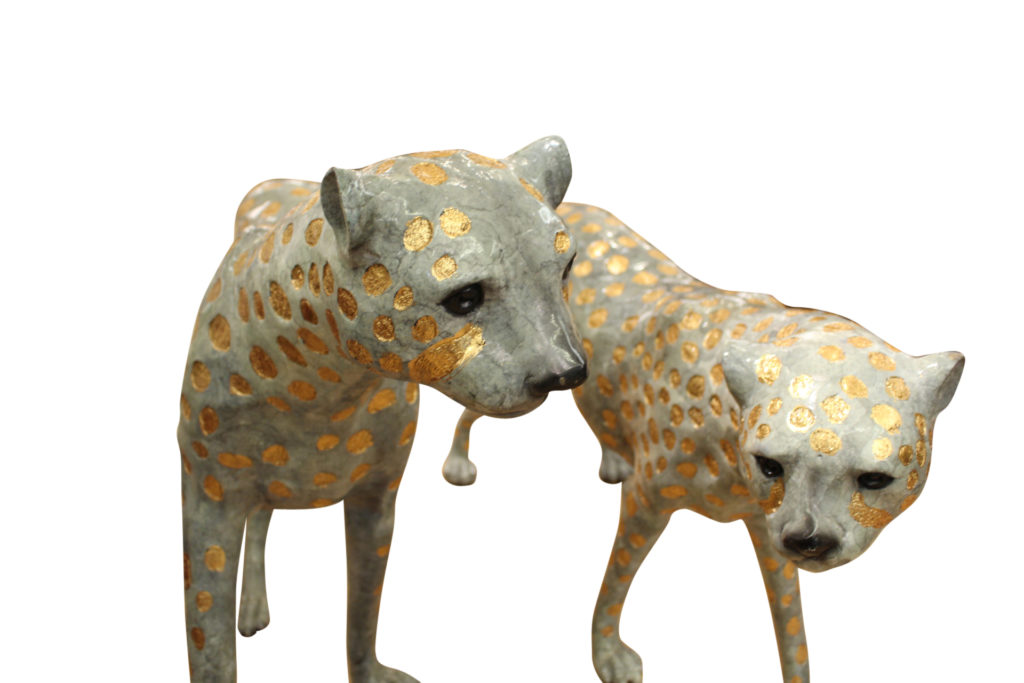 Pair of GoldenPlated Cheetahs Bronze Statue Size 58"L x 10"W x 31"H