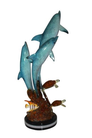 Three Dolphins W turtles and fish Bronze Statue -  Size: 16"L x 16"W x 40"H.