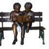 Two kids on bench reading a book - Bronze Statue -  Size: 9"L x 6"W x 8"H.