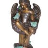 Angel sitting on Column Bronze Statue -  Size: 10"L x 9"W x 22"H.