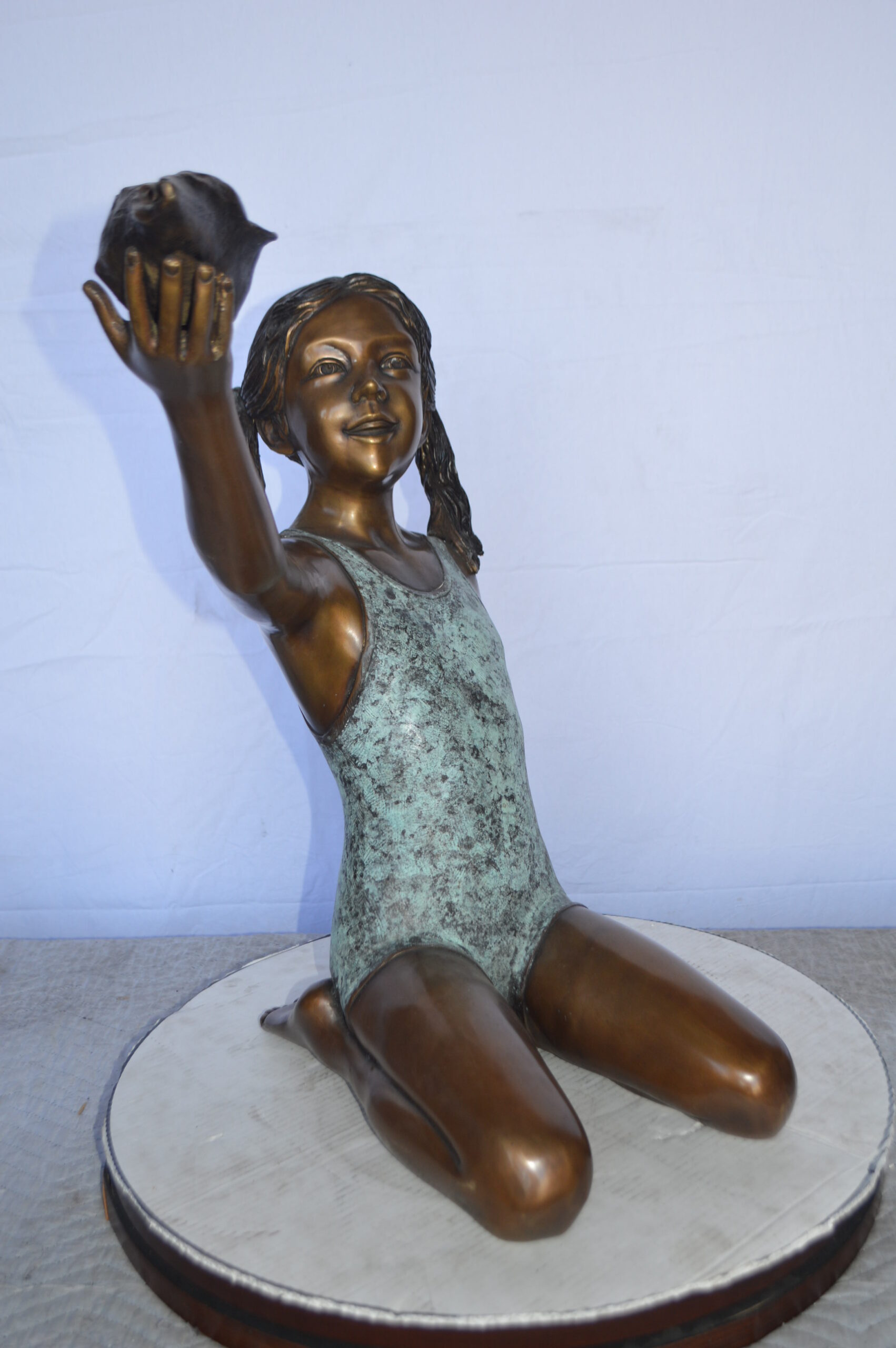 Sitting Girl Holding Shell Bronze Statue Fountain - Size: 32L x 22W x  25H.