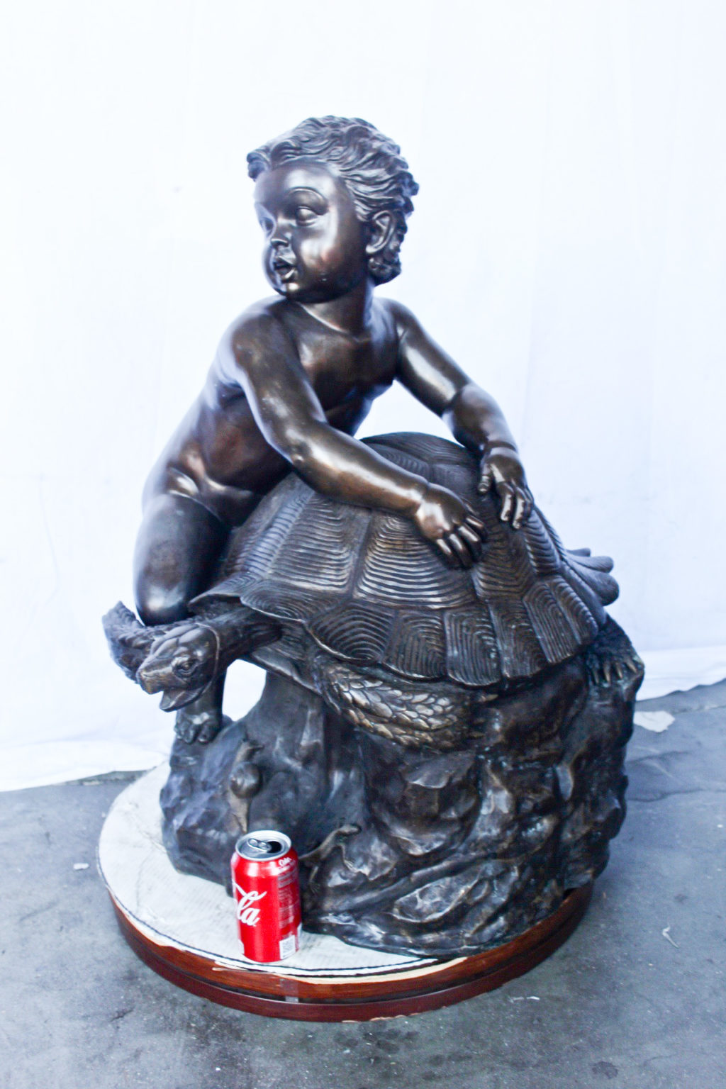 Naked toddler on turtle bronze statue - Size: 23L x 26W 