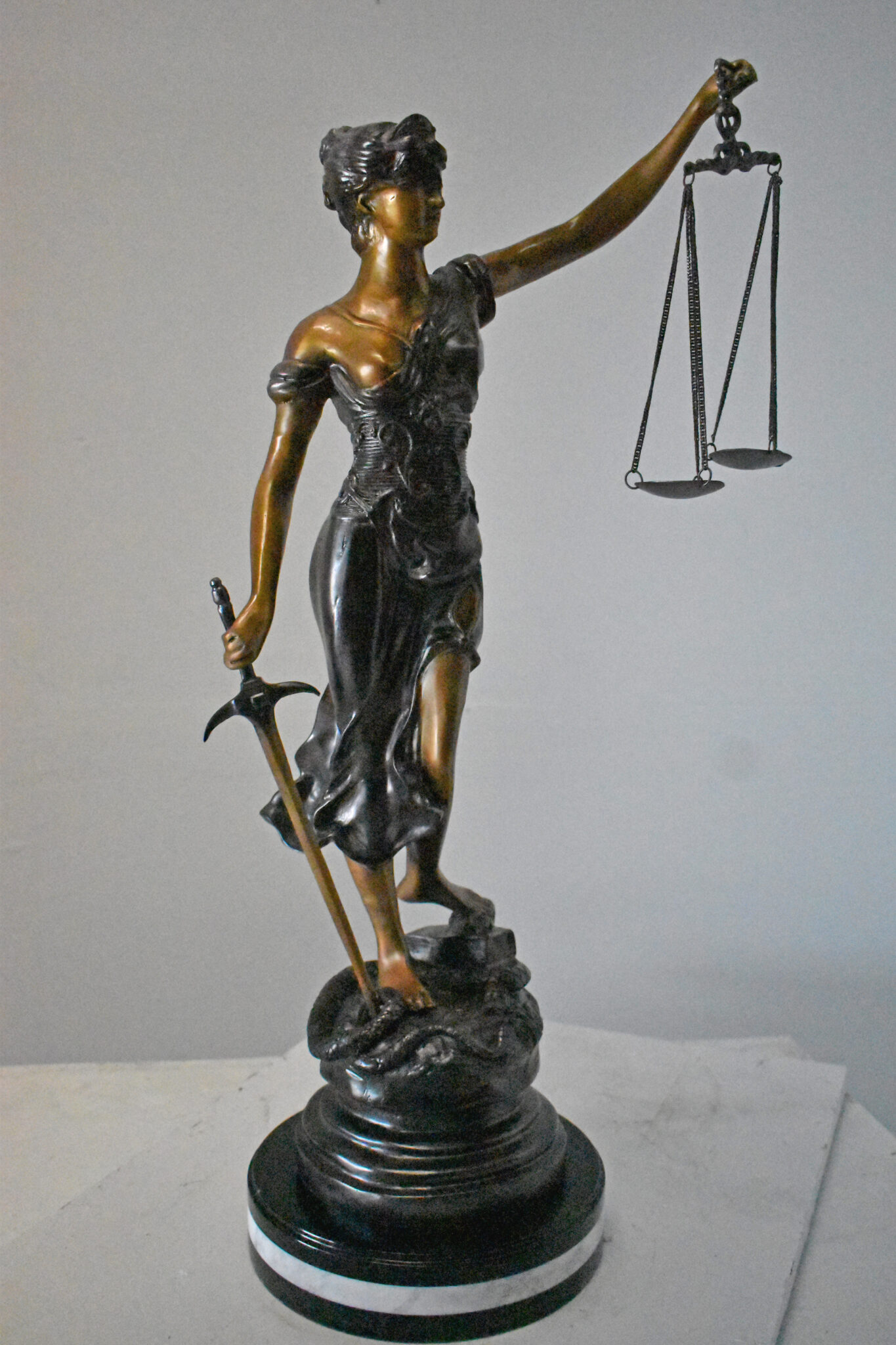 Lady Justice bronze statue mounted on a marble - Size: 14