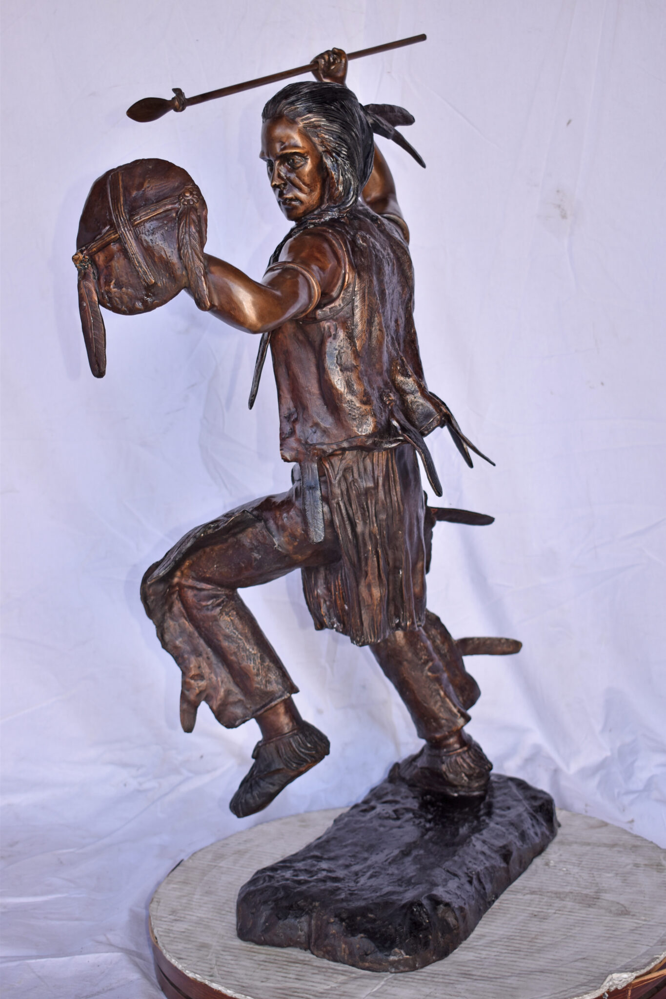 Indian Worrier Throwing a Spear Bronze Statue - Size: 15