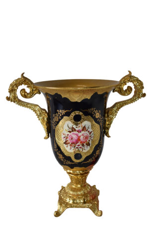Black and Gold Large Krater Decoration Resin Vase Size: 17" x 10" x 16"H