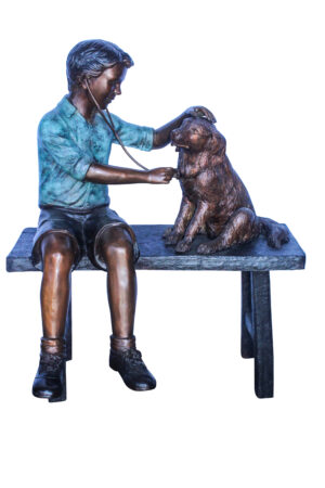 Boy Playing Veterinary Doctor with Dog on a Bench Bronze Statue 34" x 24" x 42"H