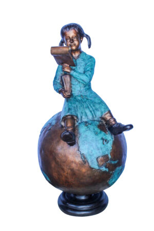 Girl Reading Book on Top of the World Bronze Statue 27" x 26" x 53"H