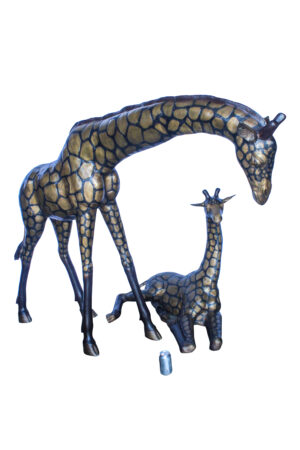 Life Size Bronze Giraffes Statues, One Laying, One Standing 77" x 21" x 58"H